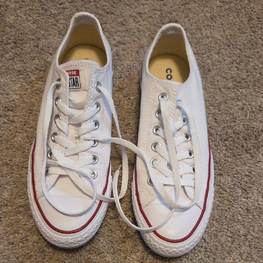 Converse White Canvas Low Top Sneakers with Red Stripe